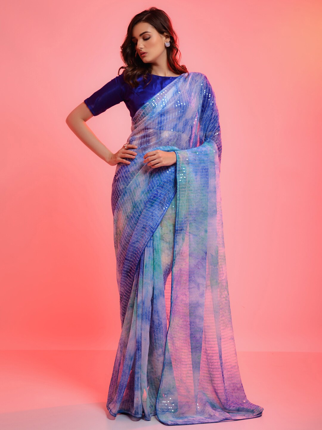 

Anouk Blue & White Embellished Sequinned Pure Georgette Saree