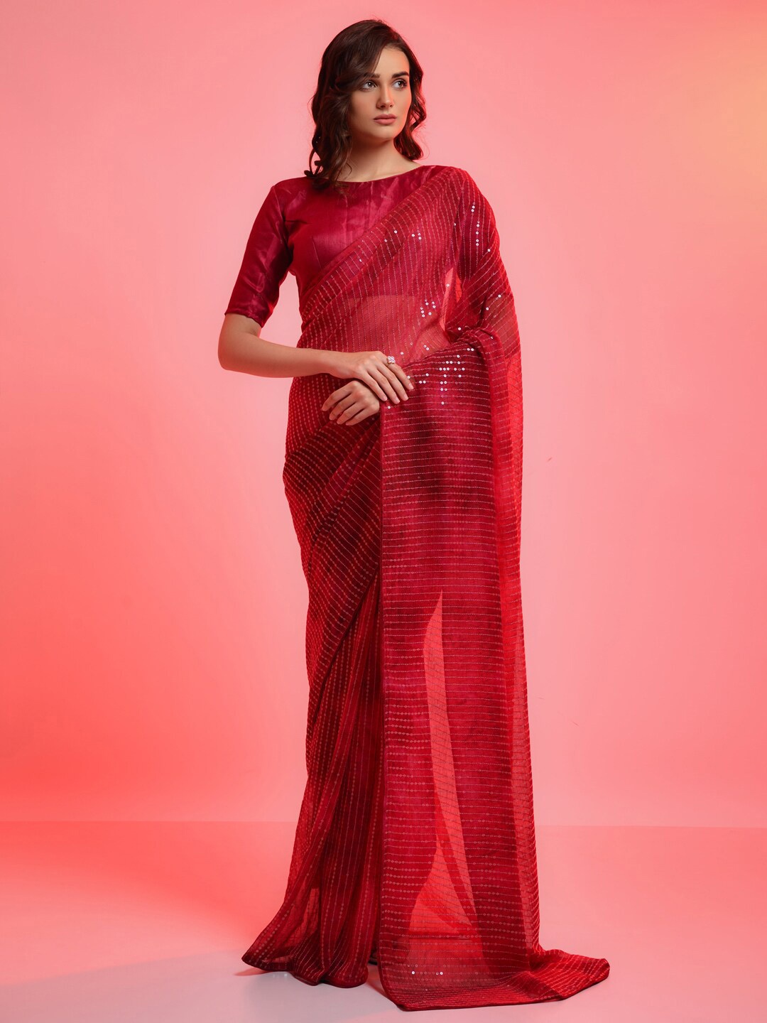 Anouk Red & Gold-Toned Embellished Sequinned Pure Georgette Saree