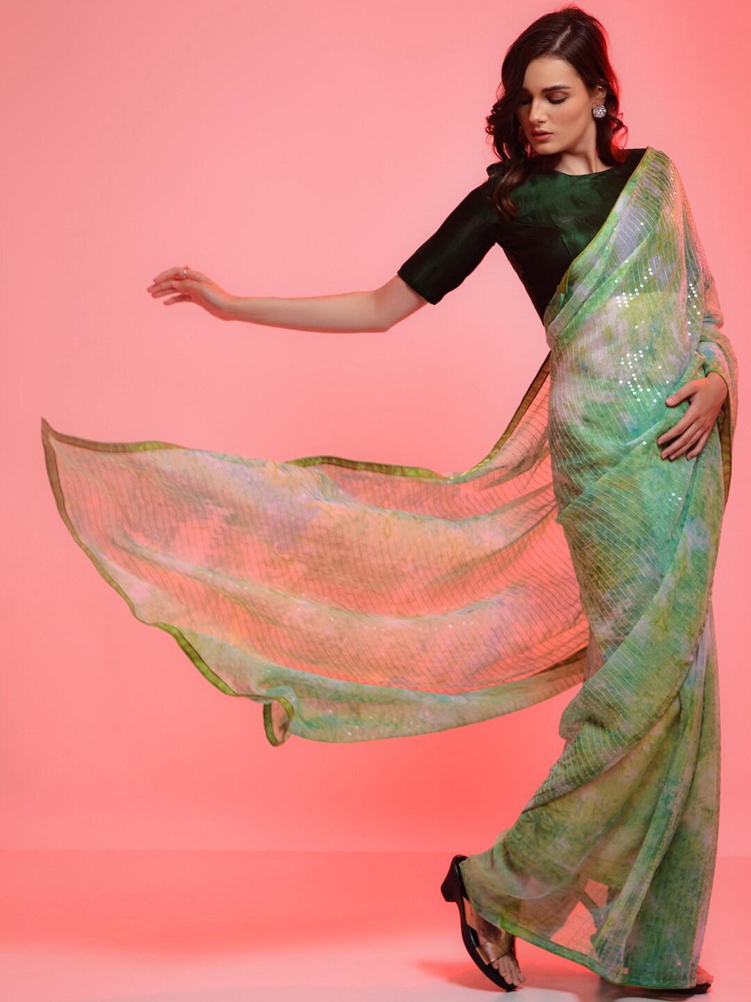 

Anouk Green & Yellow Embellished Sequinned Pure Georgette Saree