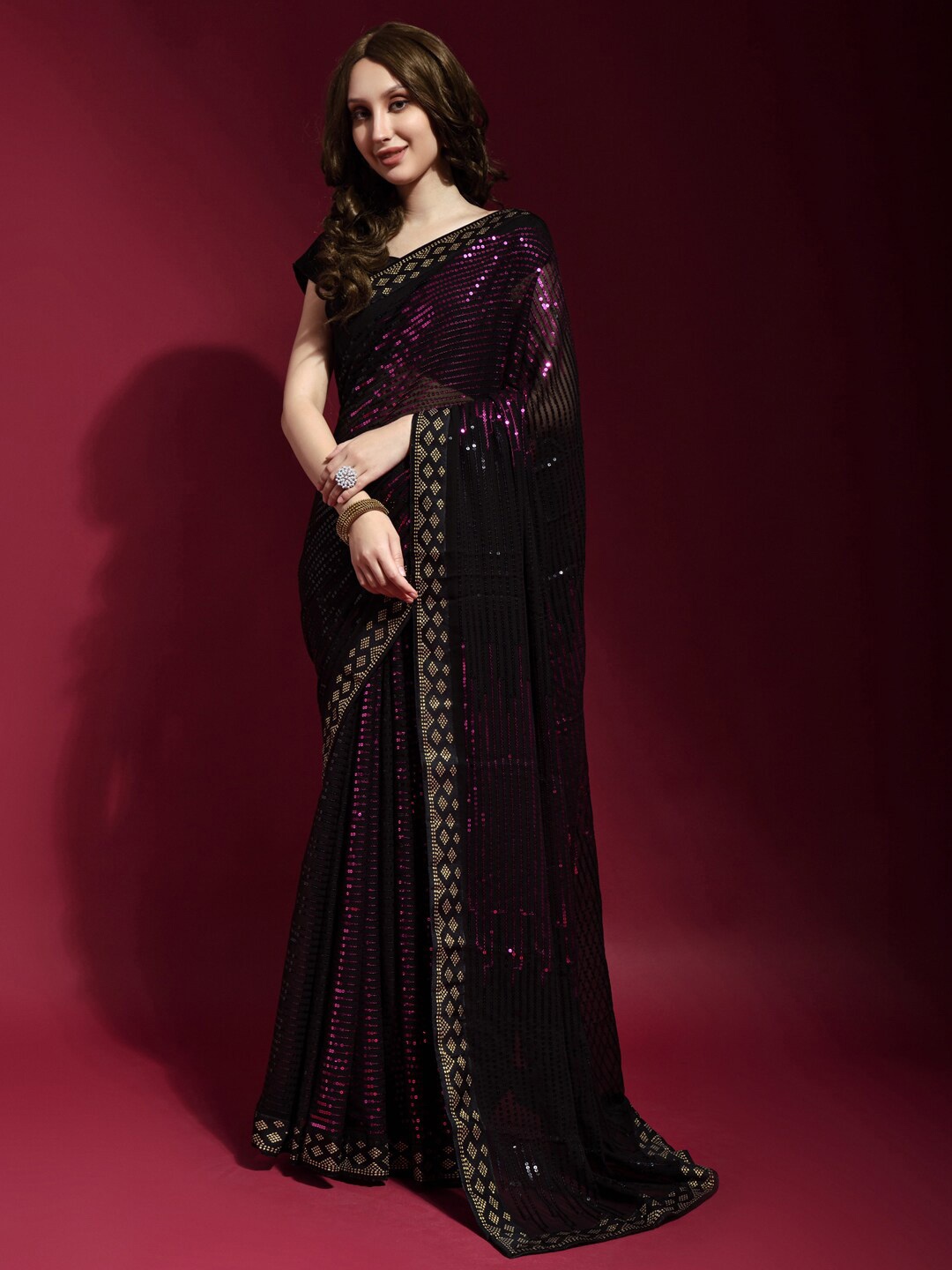 

Anouk Black & Pink Embellished Sequinned Pure Georgette Saree