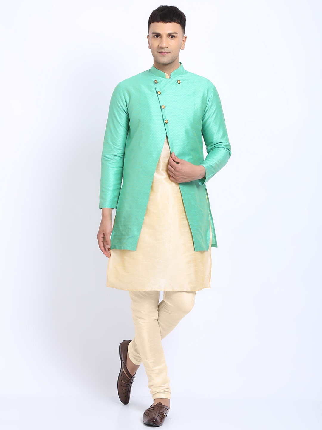 

TREEMODA Mandarin Collar Regular Kurta With Churidar, Cream