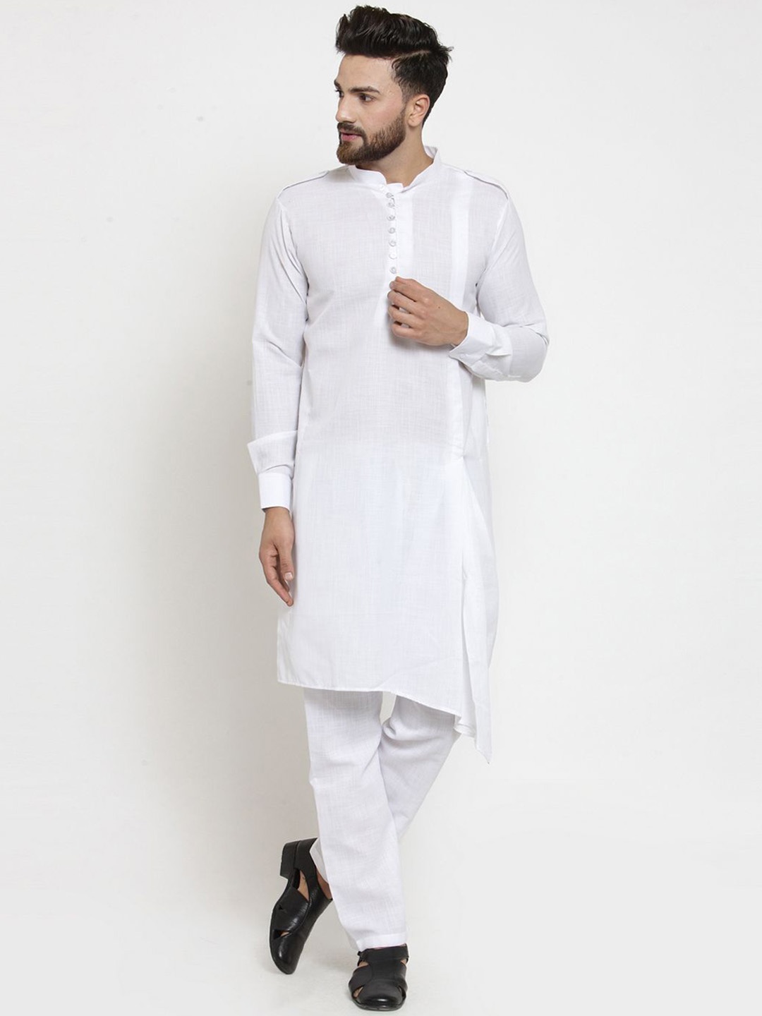 

TREEMODA Mandarin Collar Regular Linen Kurta With Pyjamas, White