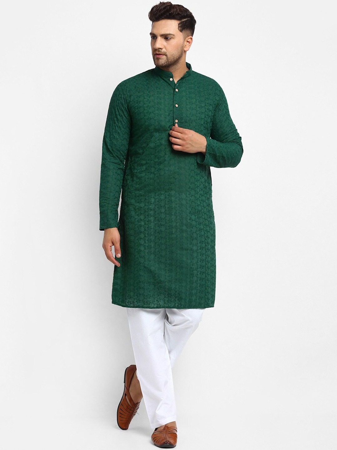 

TREEMODA Floral Embroidered Mandarin Collar Chikankari Pure Cotton Kurta with Pyjamas, Green