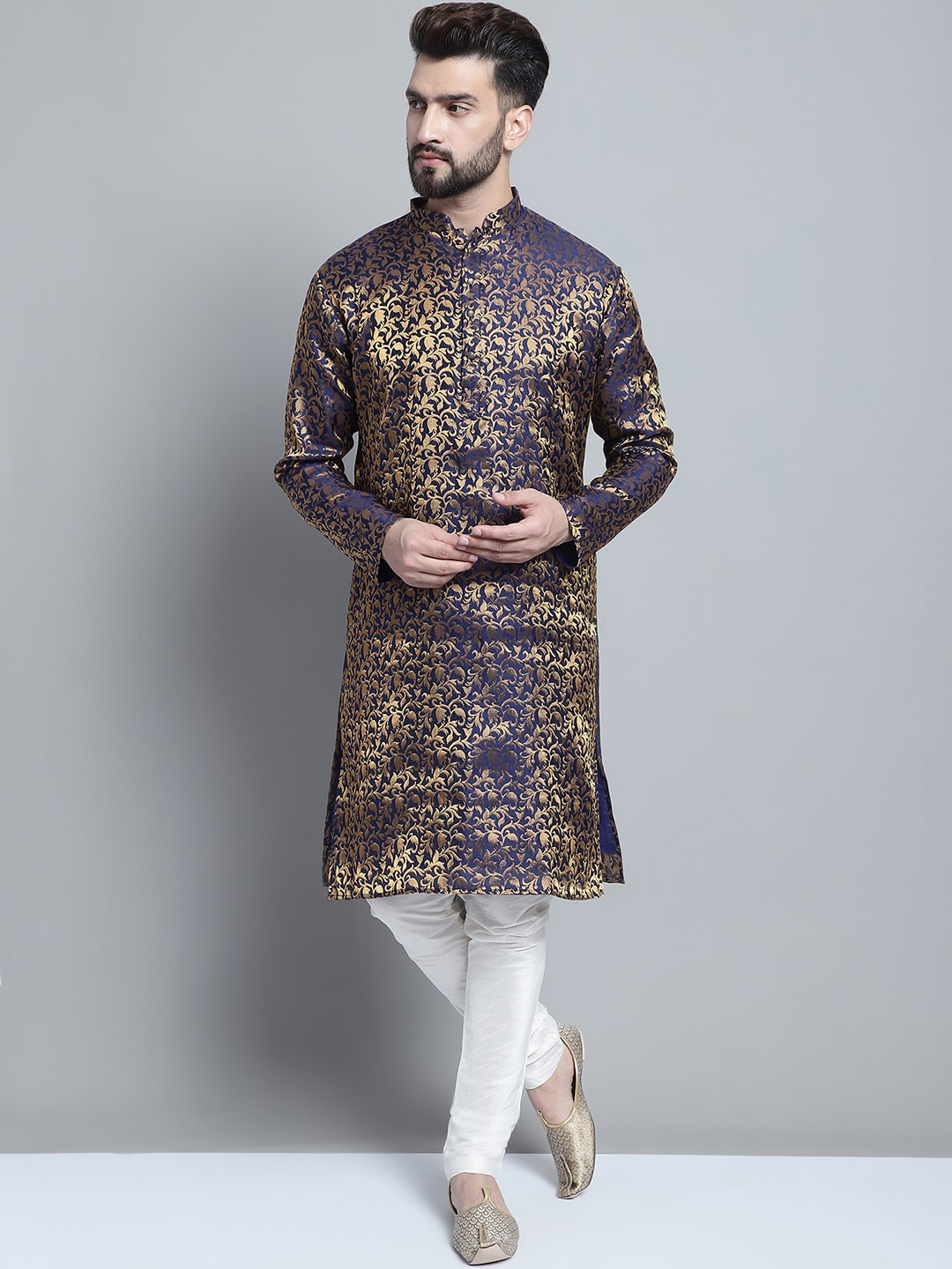 

TREEMODA Mandarin Collar Regular Kurta With Pyjamas, Navy blue