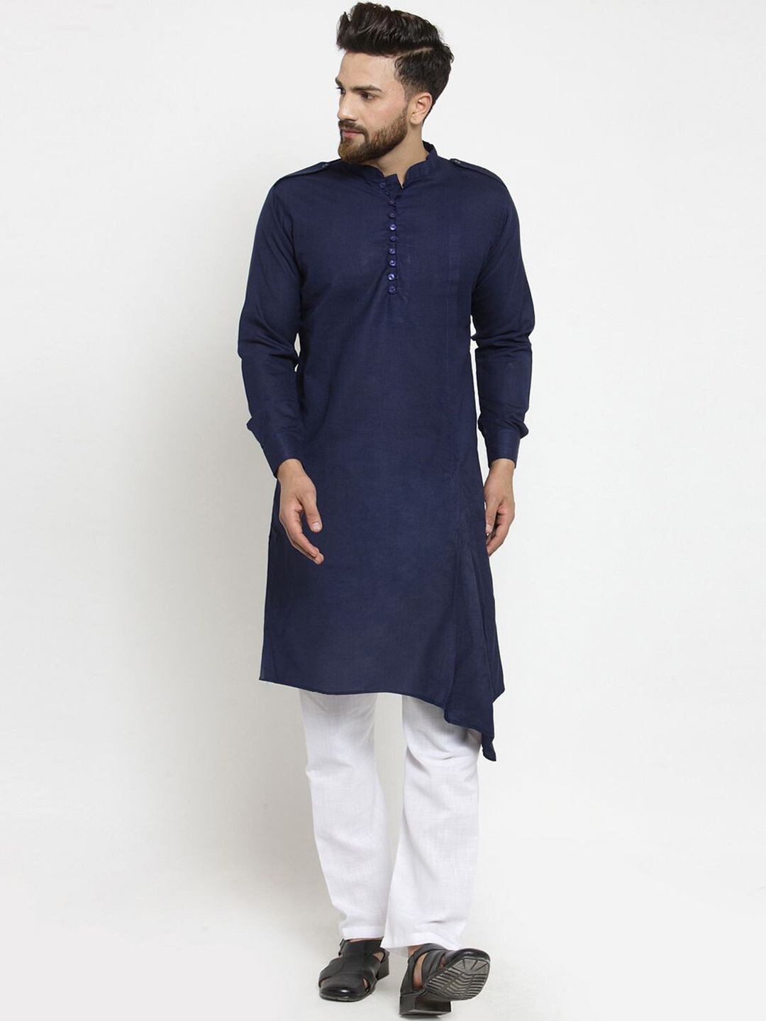 

TREEMODA Mandarin Collar Long Sleeves Linen Kurta with Pyjamas, Navy blue