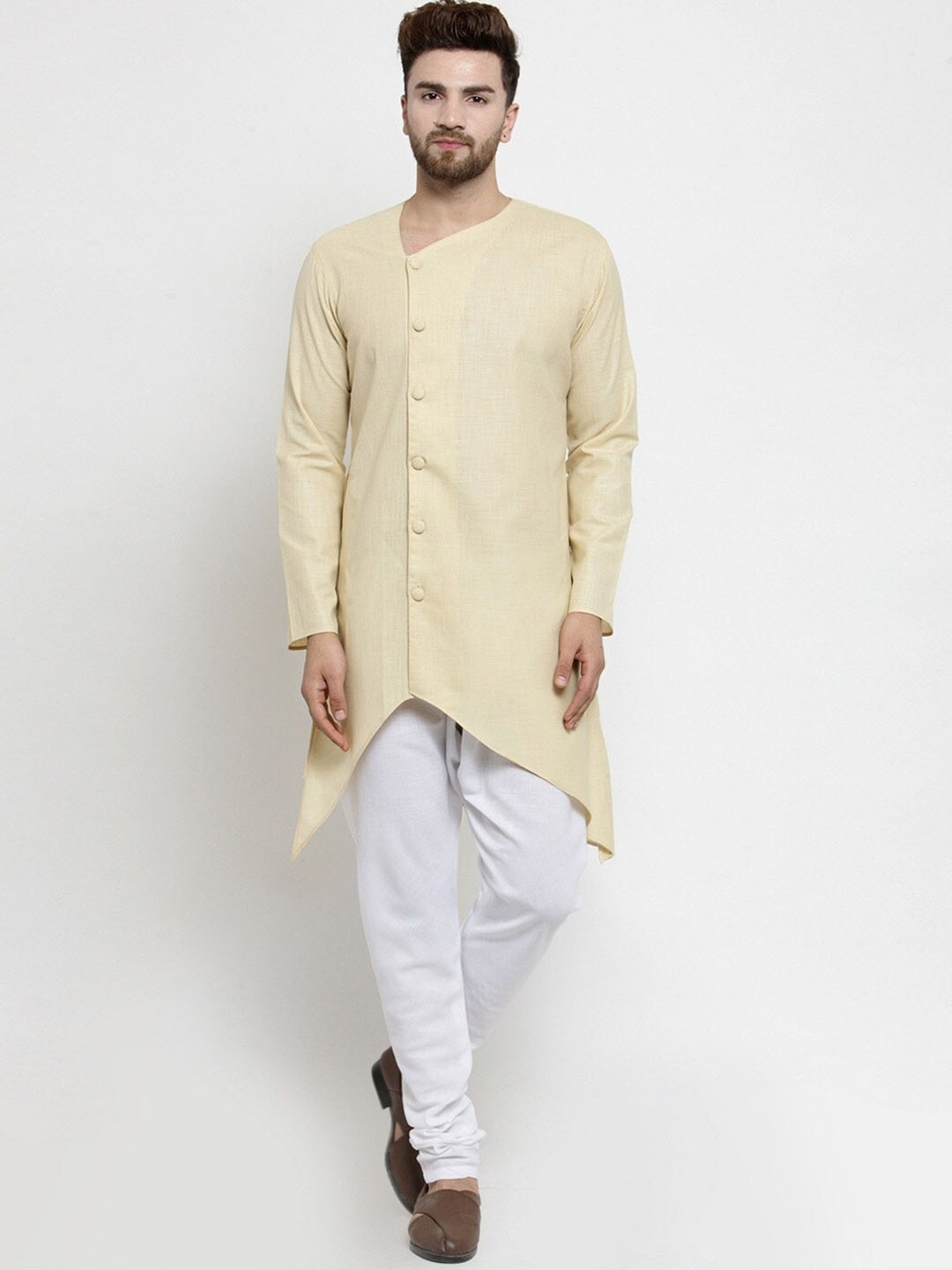 

TREEMODA Asymmetric Hemline Regular Linen Kurta With Pyjamas, Beige