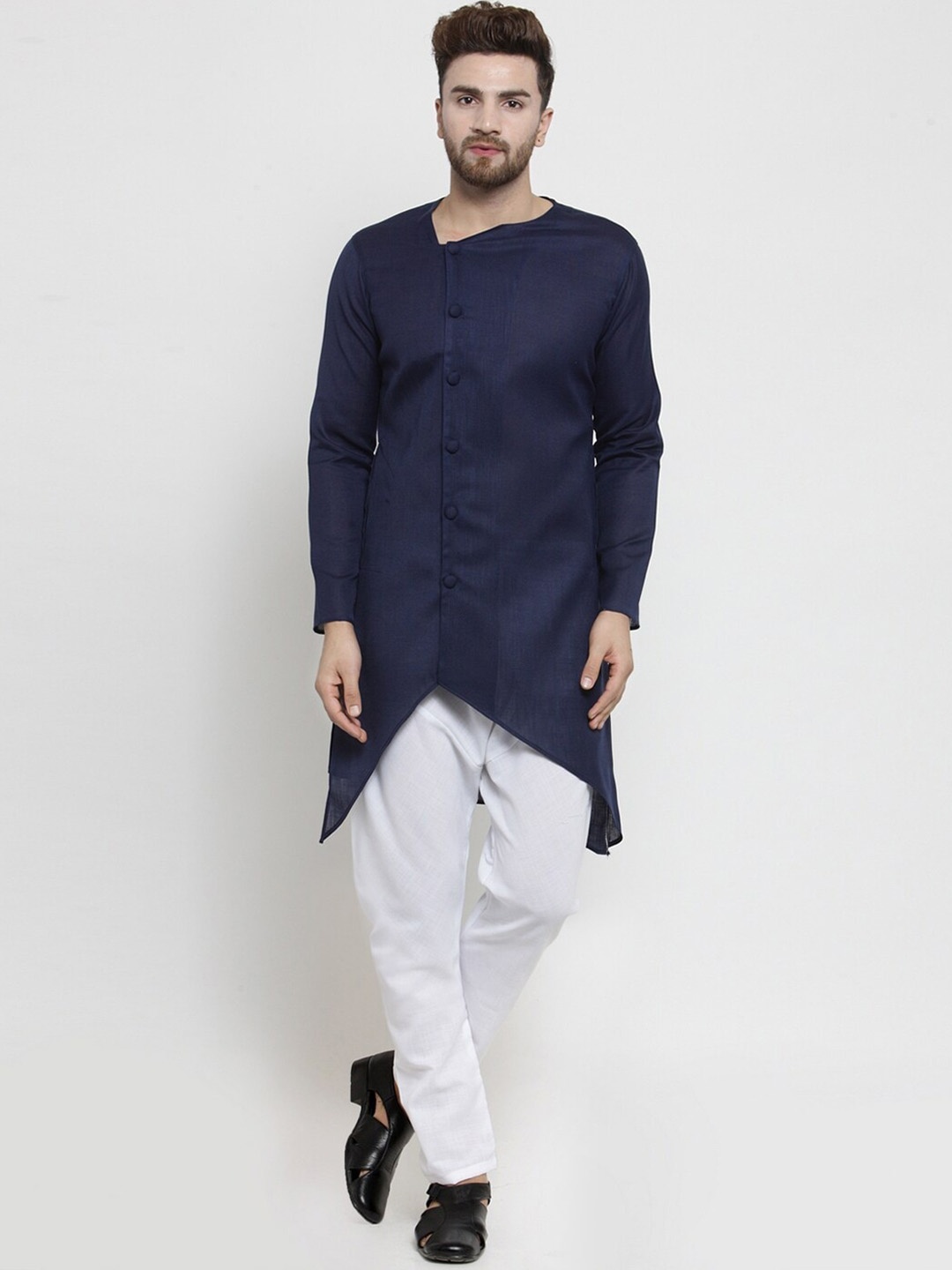 

TREEMODA Long Sleeves Regular Linen Kurta with Pyjamas, Navy blue