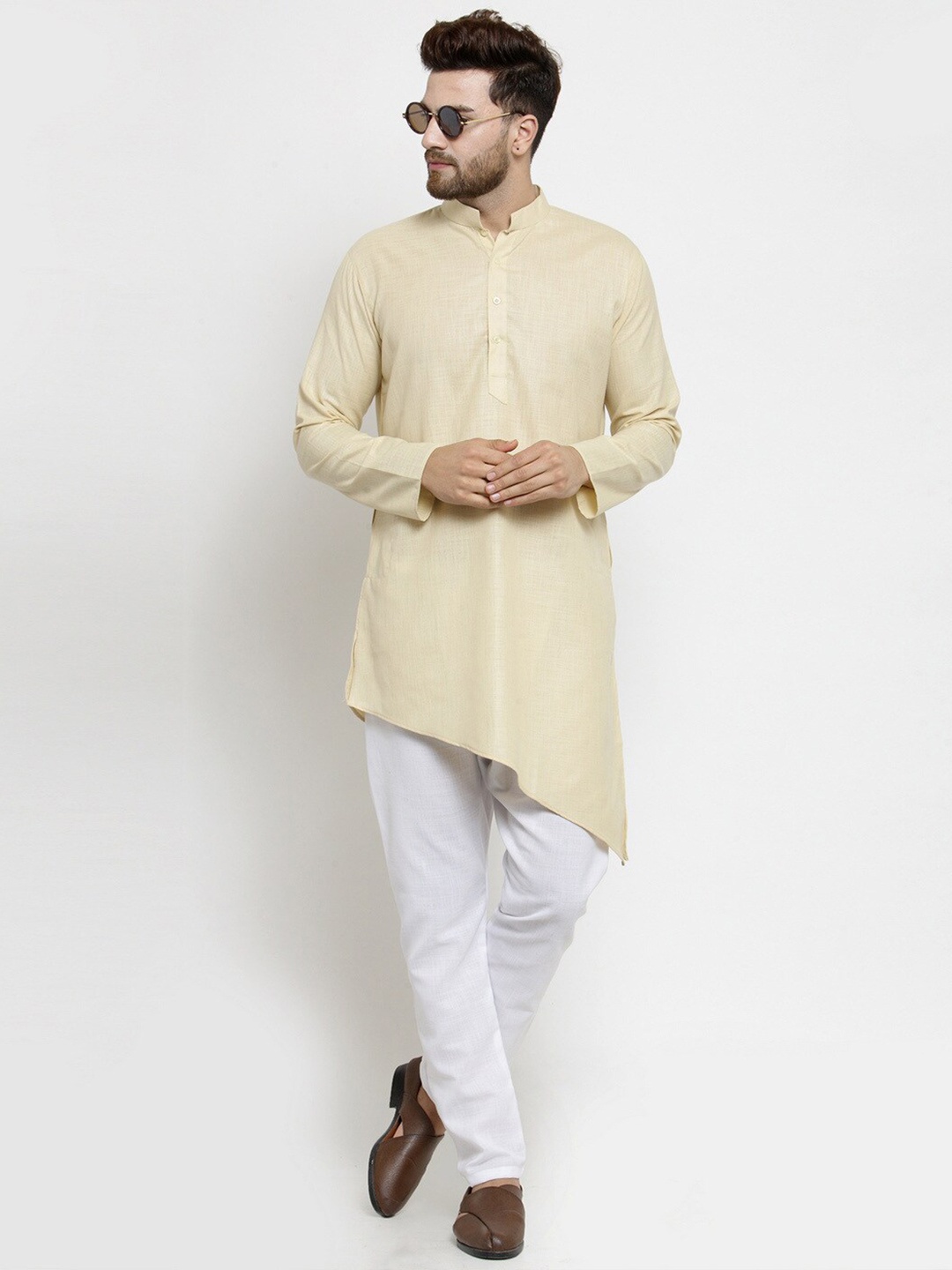 

TREEMODA Asymmetric Hemline Regular Linen Kurta With Pyjamas, Beige