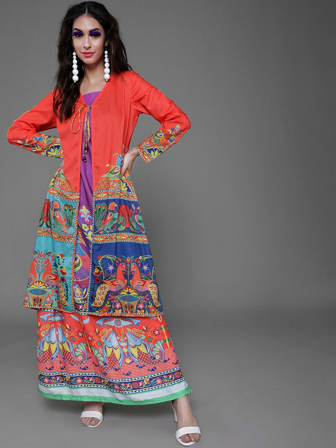 

AKS Ethnic Motifs Printed Longline Open Front Jacket, Orange