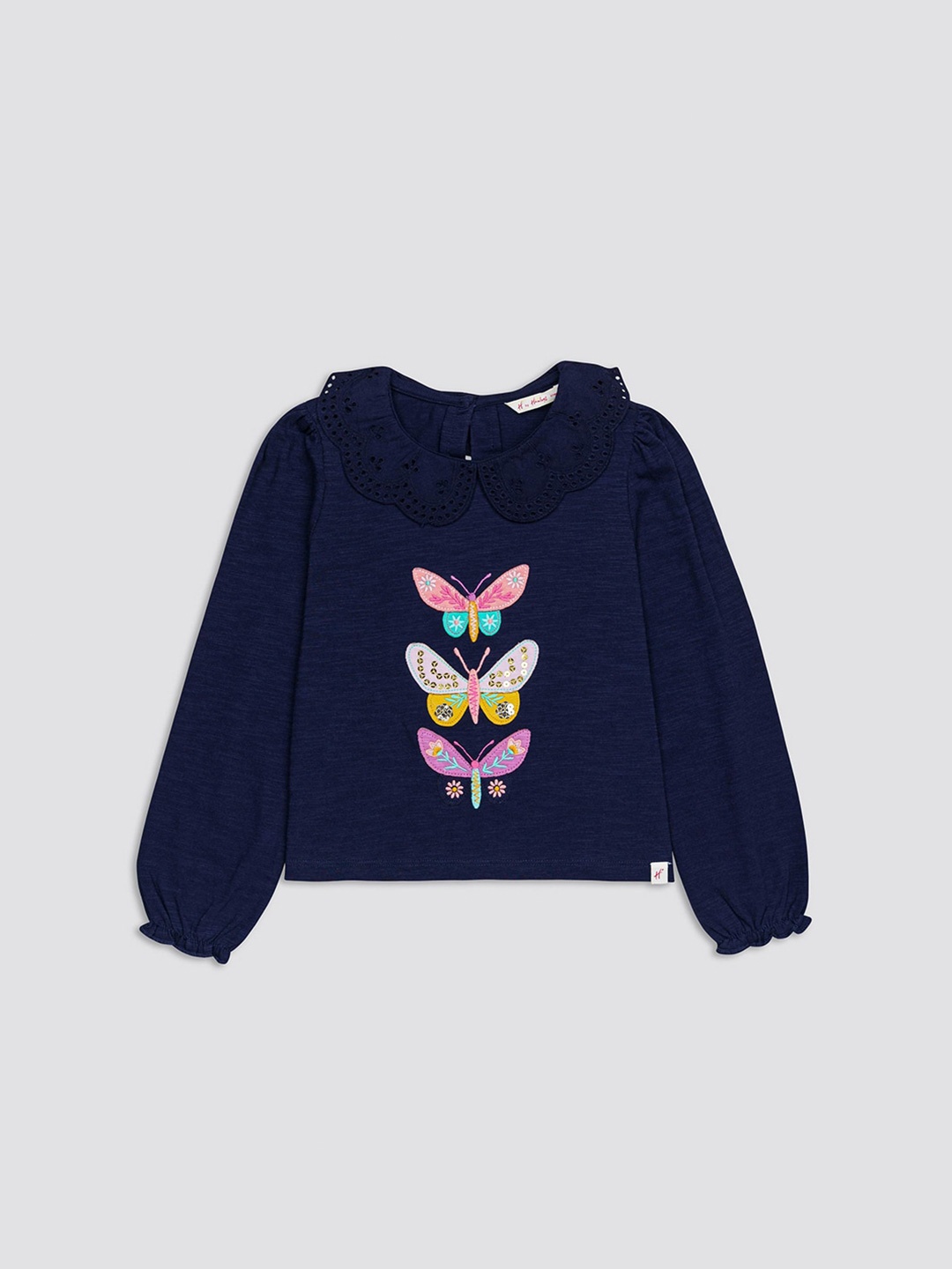 

H By Hamleys Girls Graphic Printed Puff Sleeves Pure Cotton Top, Navy blue