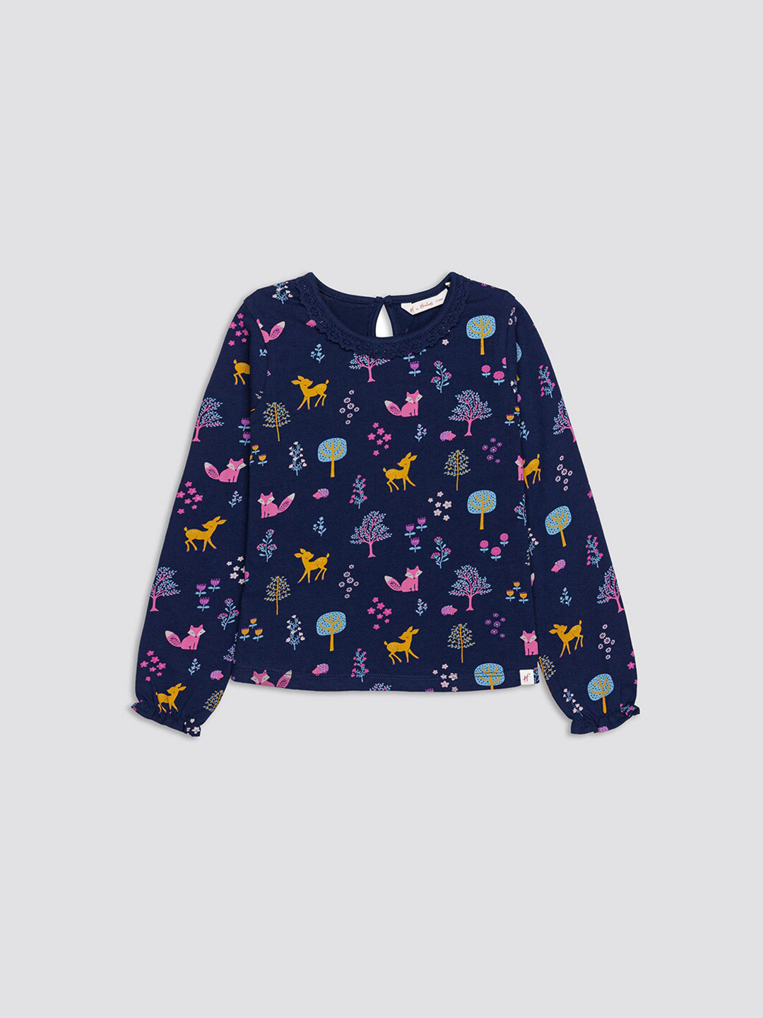 

H By Hamleys Girls Conversational Printed Puff Sleeves Pure Cotton Top, Navy blue