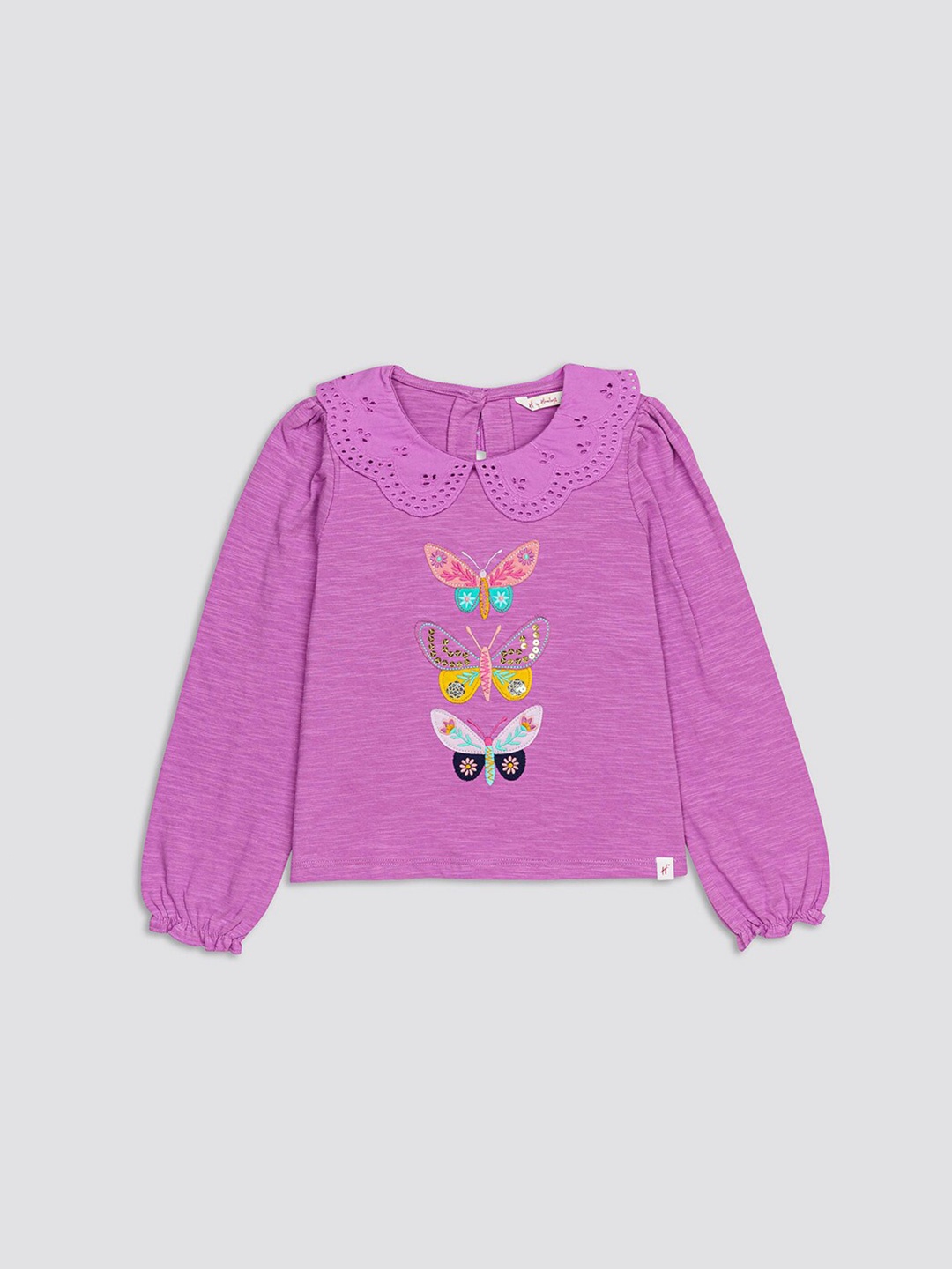

H By Hamleys Girls Graphic Printed Puff Sleeves Pure Cotton Top, Purple
