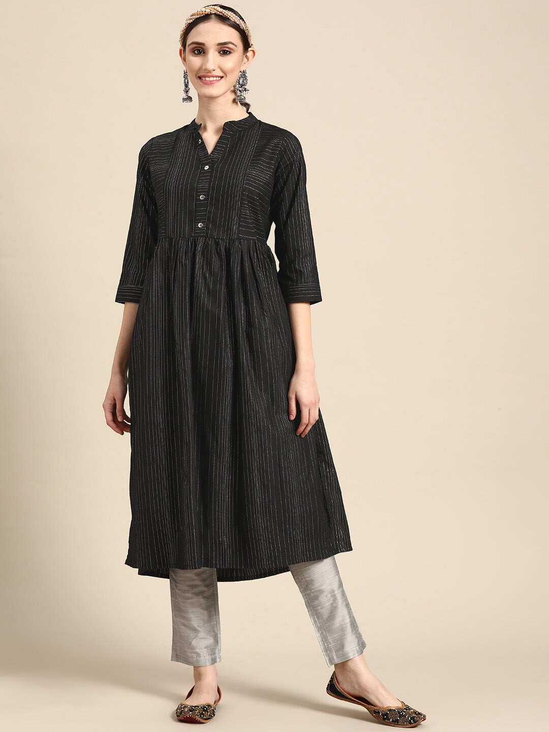 

Anubhutee Striped Mandarin Collar Gathered Cotton A-Line Kurta, Black
