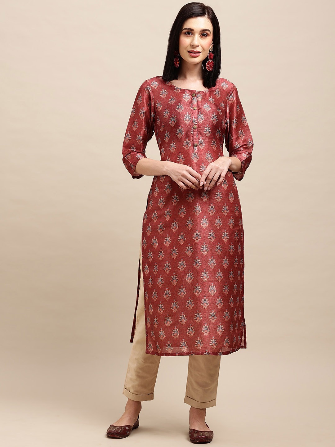 

Anubhutee Ethnic Motifs Printed Round Neck Regular Kurta, Maroon