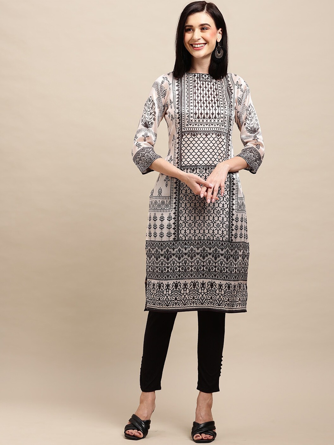 

Anubhutee Ethnic Motifs Printed Round Neck Regular Kurta, Off white