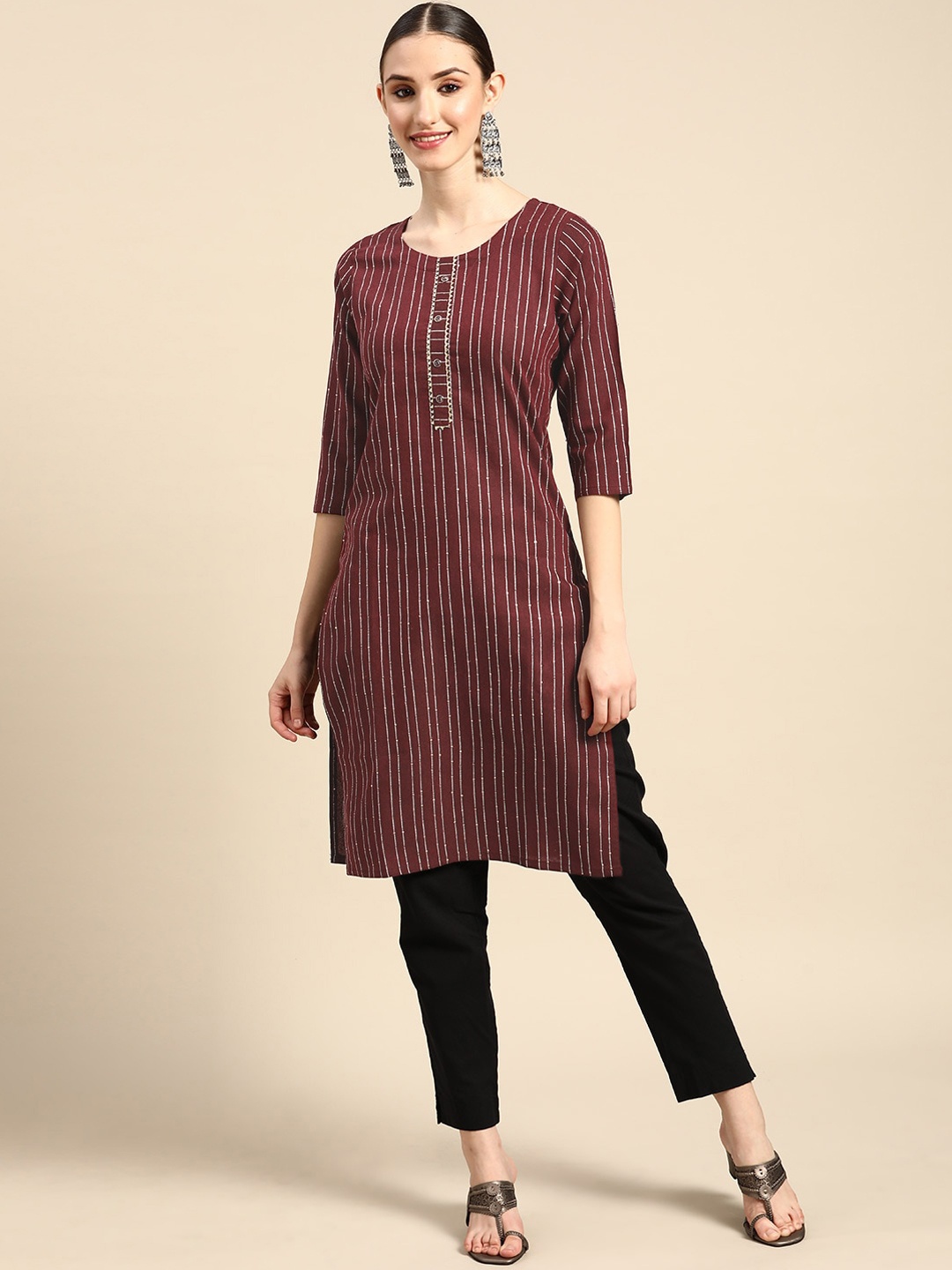 

Anubhutee Striped Round Neck Regular Kurta, Maroon