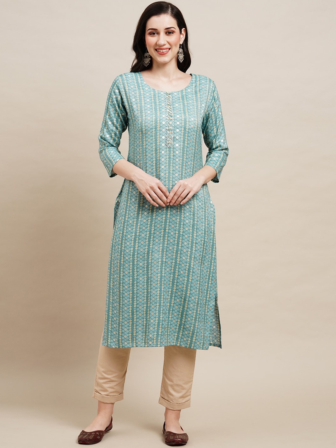 

Anubhutee Ethnic Motifs Printed Round Neck Pure Cotton Regular Kurta, Blue