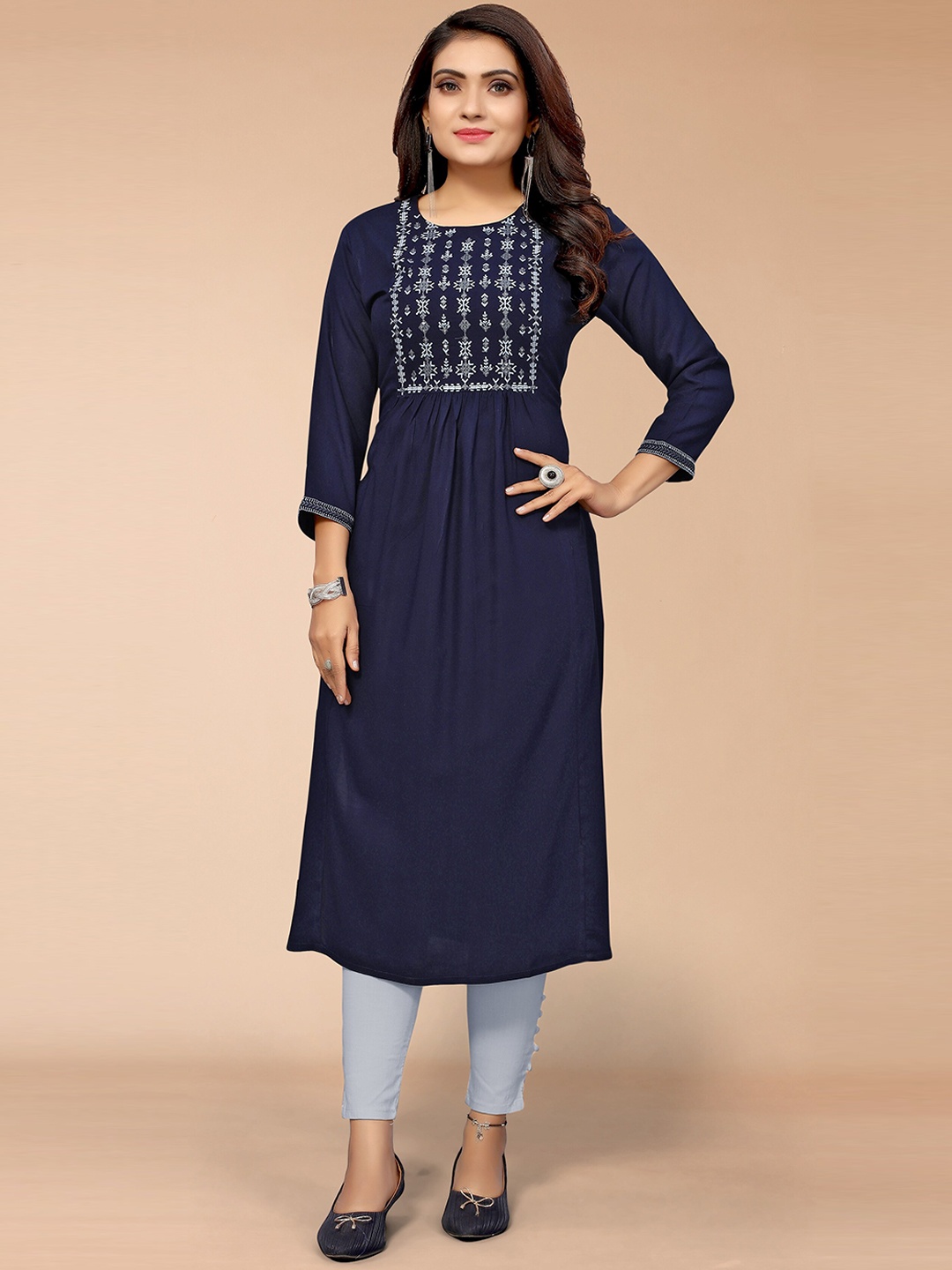 

Anubhutee Ethnic Motifs Embroidered A-Line Kurta, Navy blue