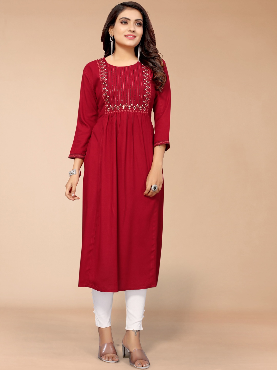 

Anubhutee Floral Embroidered Sequinned A-Line Kurta, Maroon