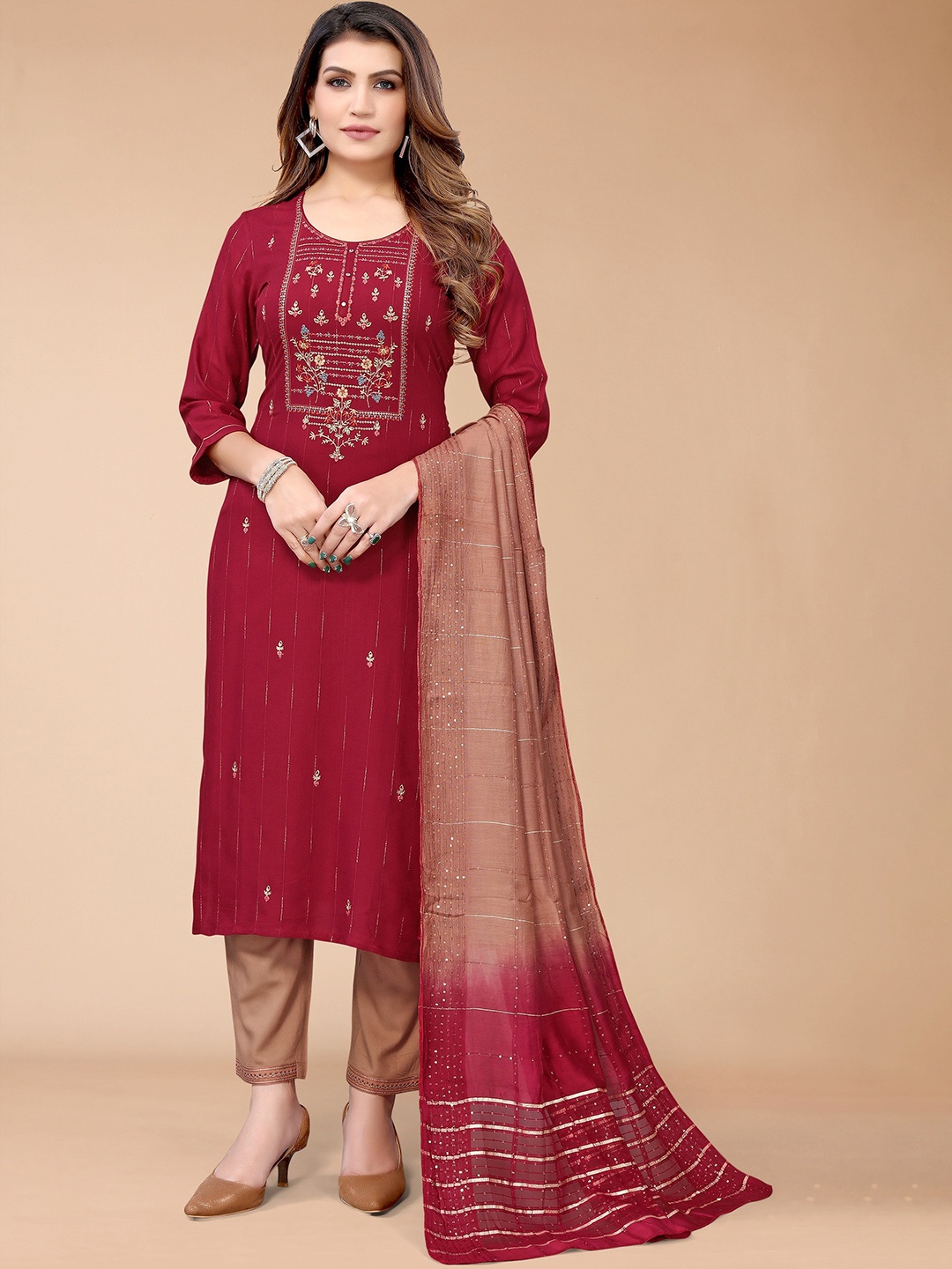 

Anubhutee Ethnic Motifs Embroidered Kurta with Trousers & With Dupatta, Maroon