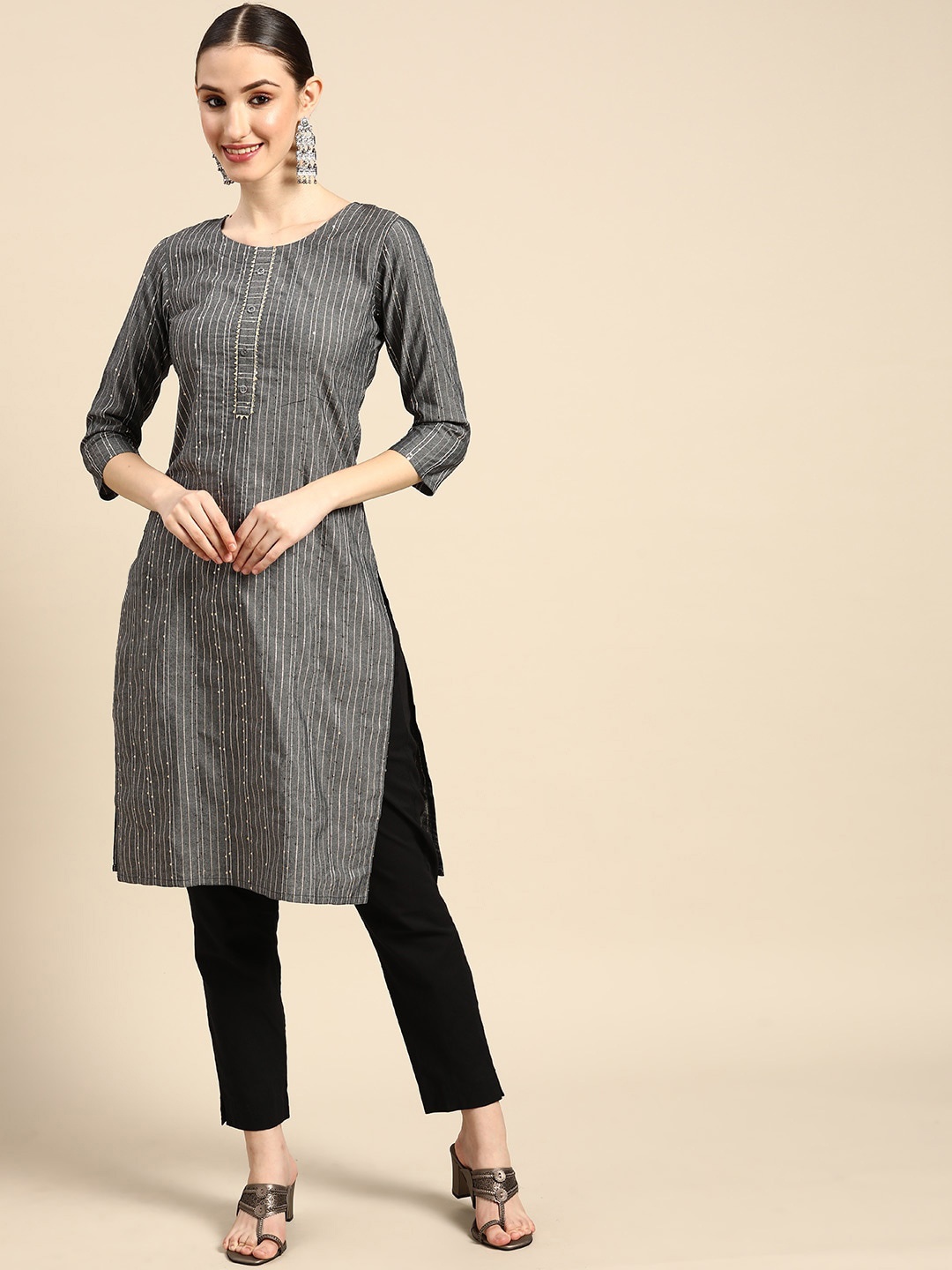 

Anubhutee Striped Sequinned Kurta, Grey