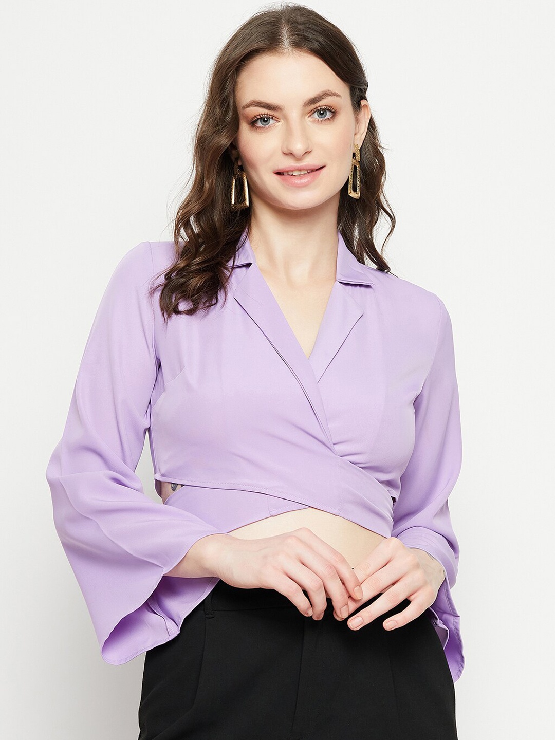 

Madame Shirt Collar Waist Tie-Up Detail Wrap Crop Top, Lavender