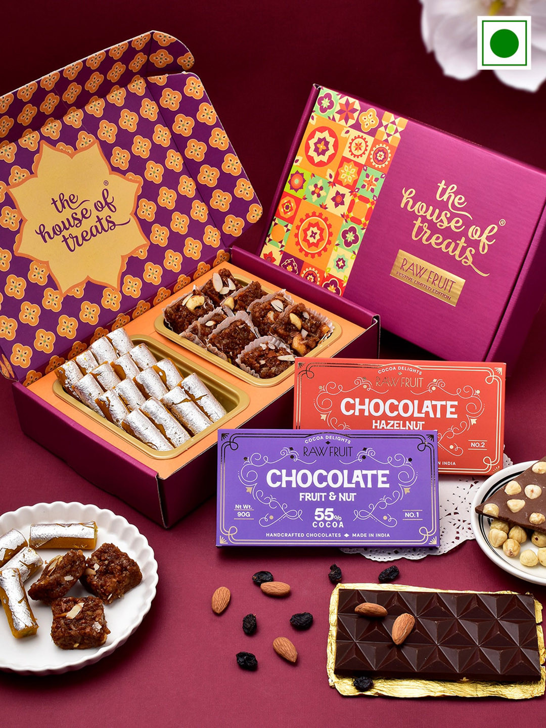 

RawFruit Sweets And Chocolate Bar With 2 Rakhis, Green