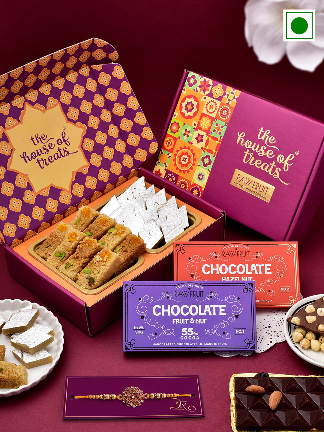 

RawFruit Studded Rakhi With Sweets & Almond Dragees Gift Set, Yellow