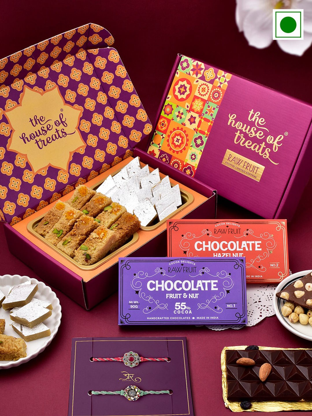 

RawFruit Set of 2 Rakhi With Sweets & Chocolate Bar Gift Set, Red