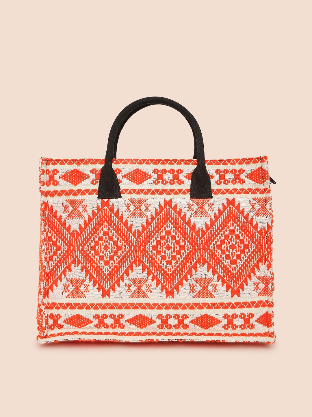 

Sangria Ethnic Motifs Textured Oversized Structured Handheld Bag, Orange