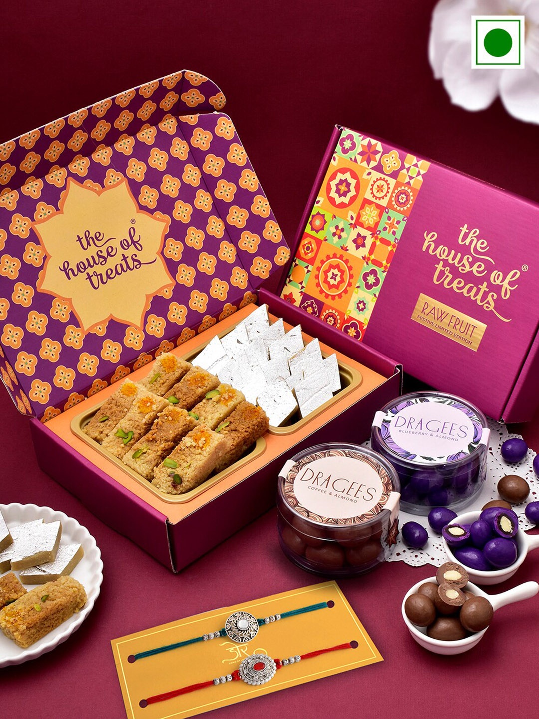 

RawFruit Set Of 2 Stone Studded Rakhi With Sweets & Almond Dragees Gift Set, Blue