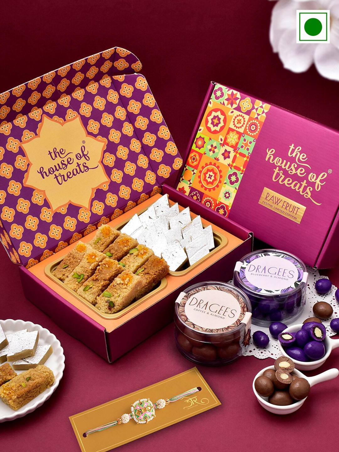 

RawFruit Set Of 2 Bhai Bhabhi Rakhi With Sweets Dragees Gift Set, Red