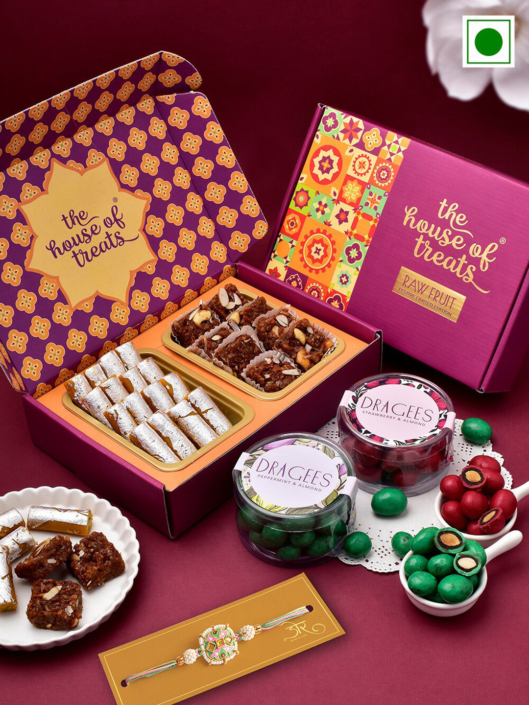 

RawFruit Beaded Rakhi With Sweets & Dragee Gift Set, White