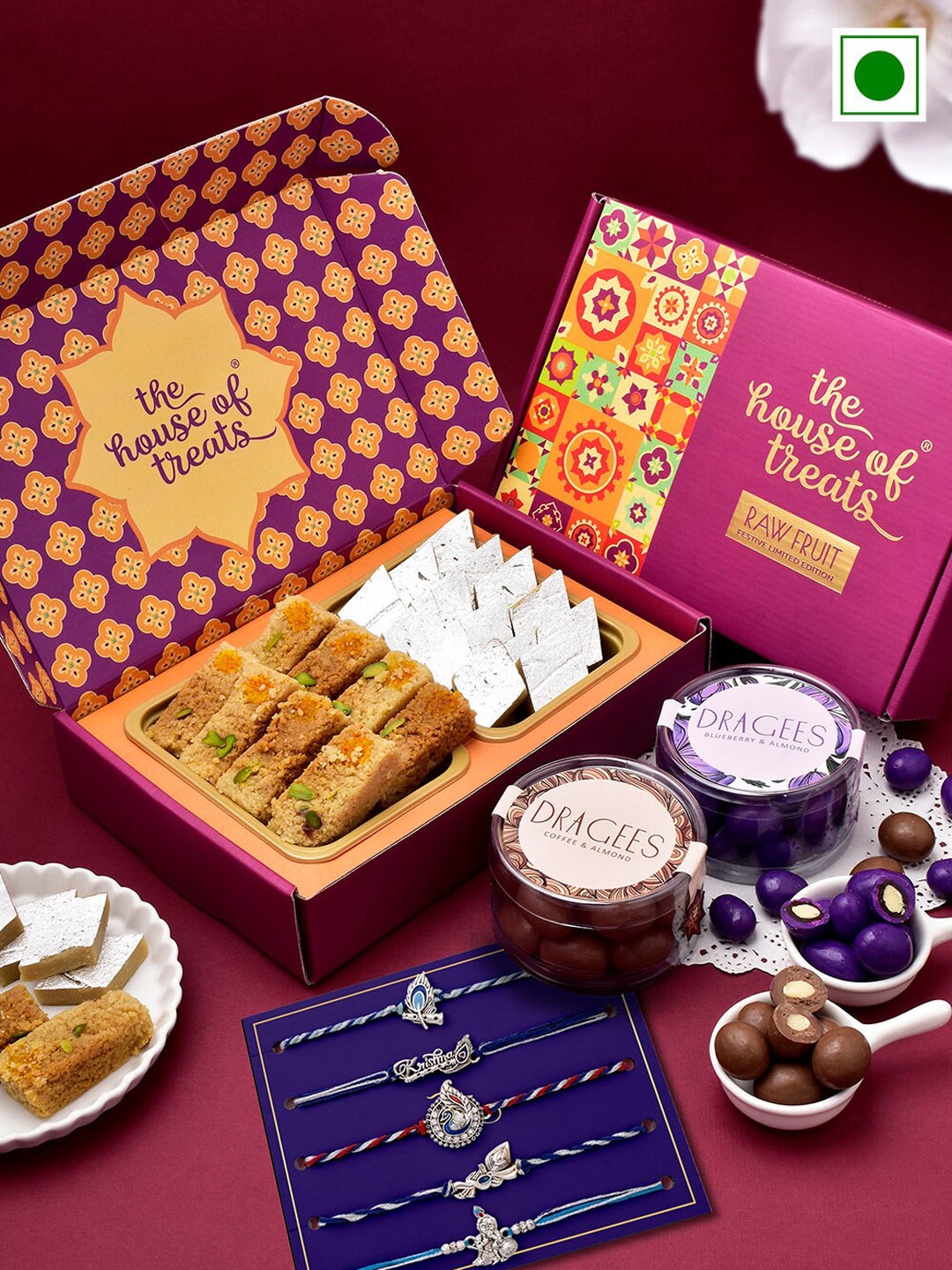 

RawFruit Set Of 2 Rakhi With Sweets & Almond Dragees Gift Set, Red