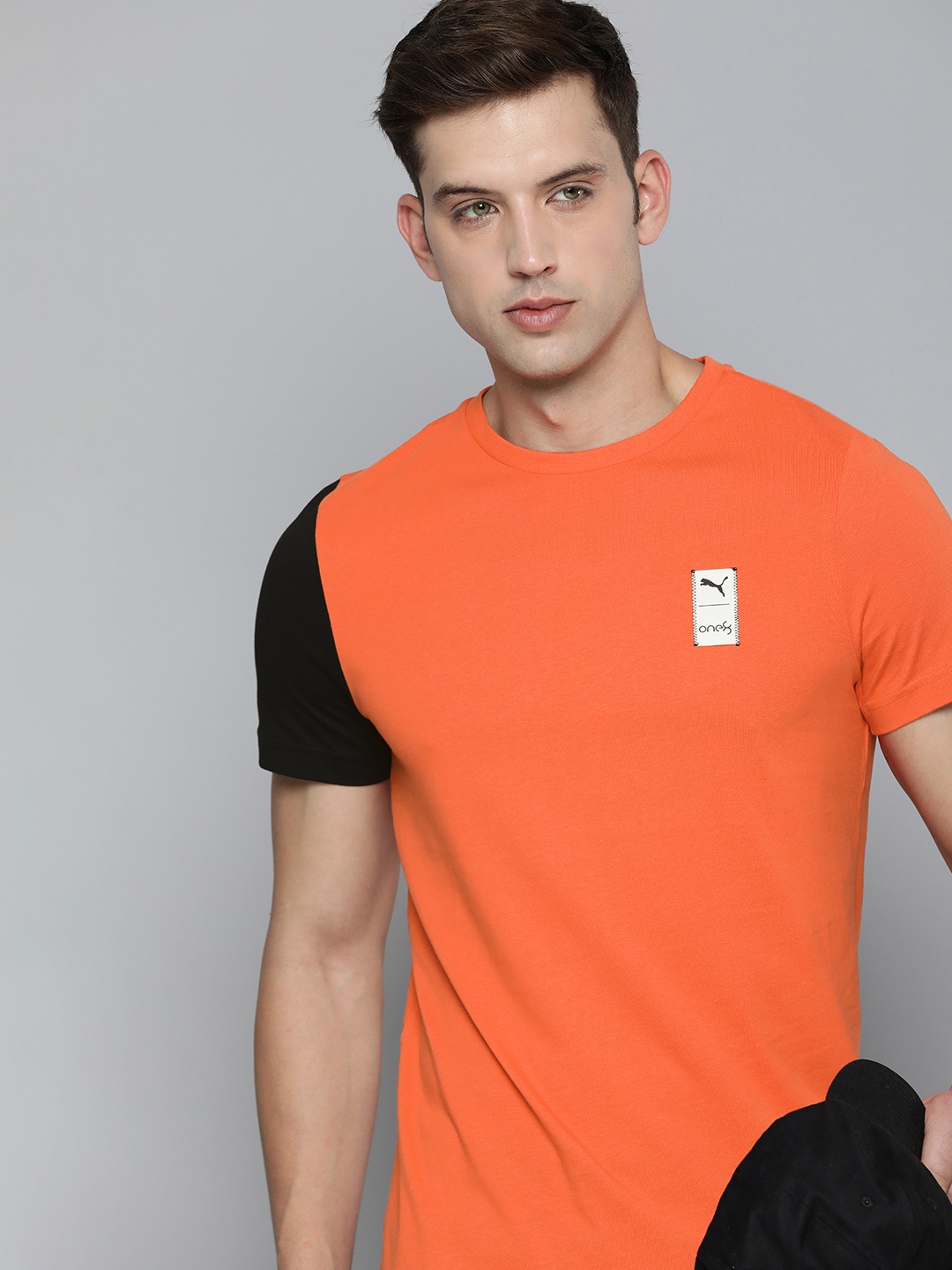 one8 x PUMA Colourblocked Pure Cotton Slim Fit T-shirt, Orange