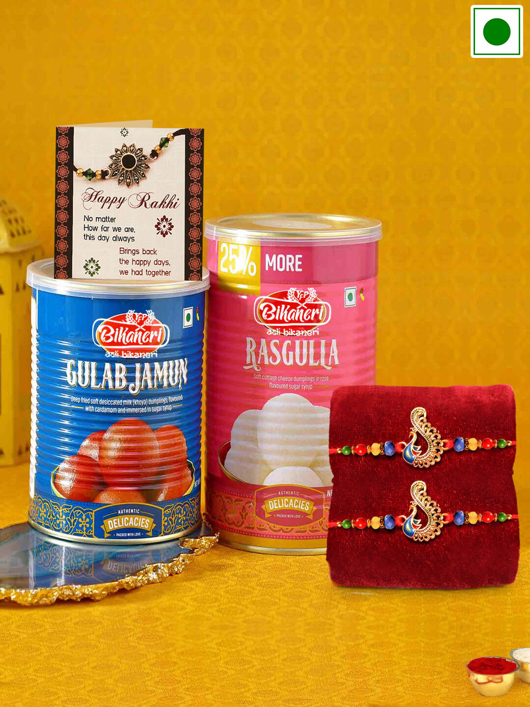 

TIED RIBBONS Rasgulla And Gulab Jamun With 2 Rakhis-500gms Each, Gold