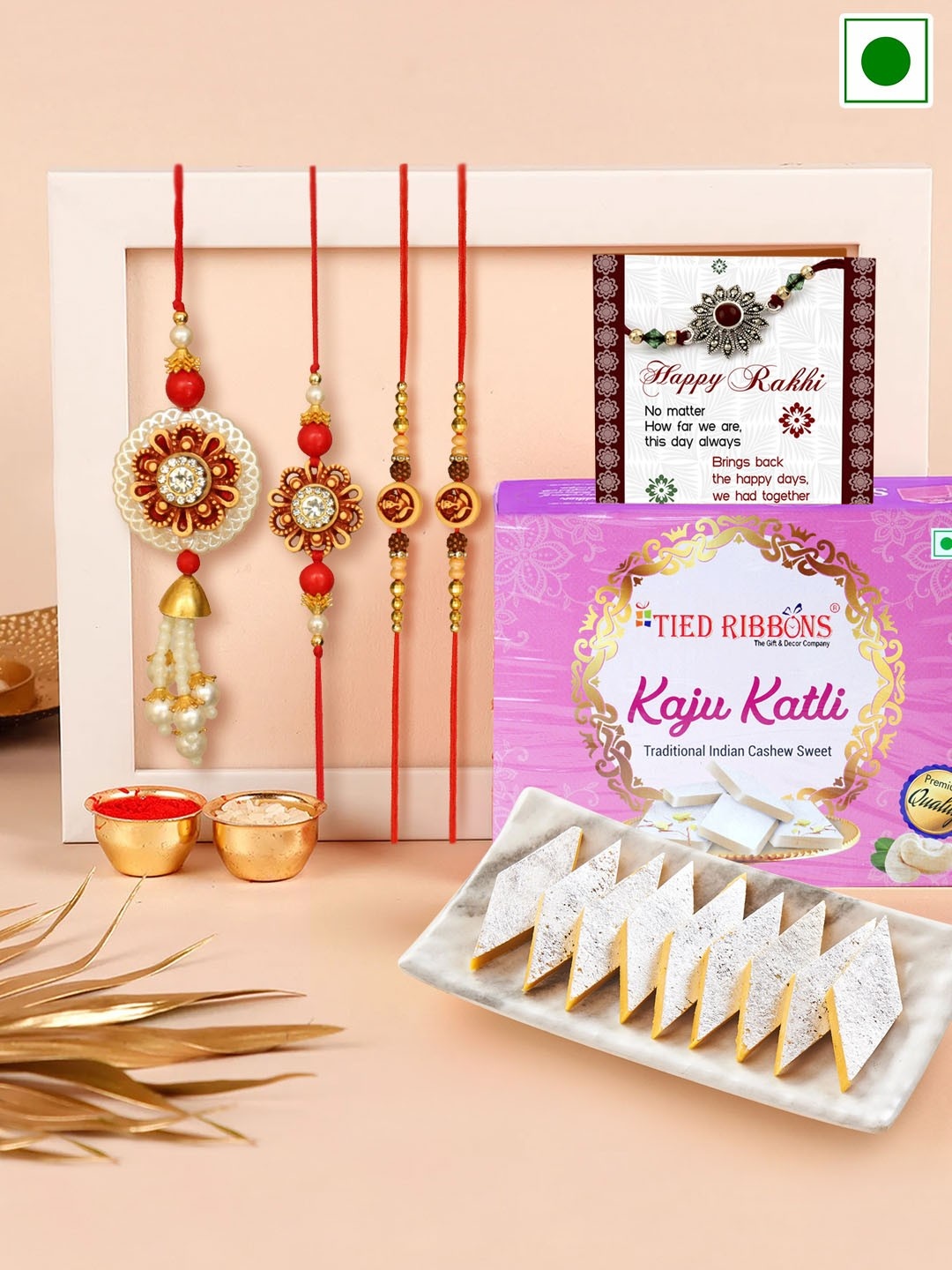 

TIED RIBBONS Set Of 4 Beaded Famliy Rakhis, Roli Chawal & Kaju Katli Sweets 200 gms, Gold