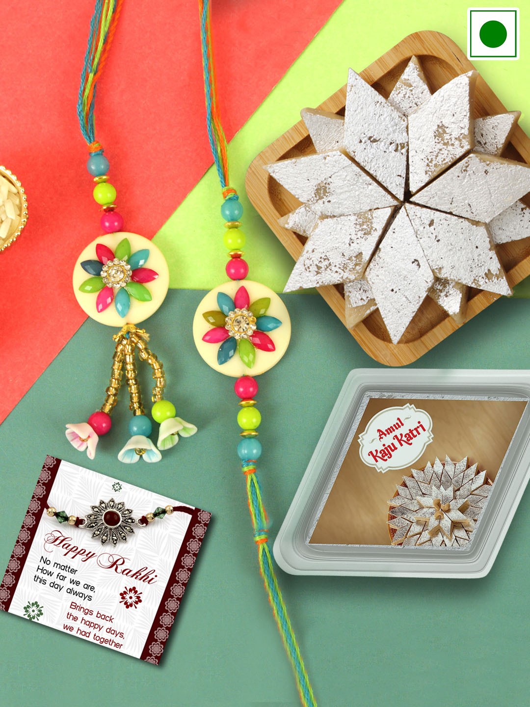 

TIED RIBBONS Amul Kaju Katli With 2 Rakhis-200gms, Green