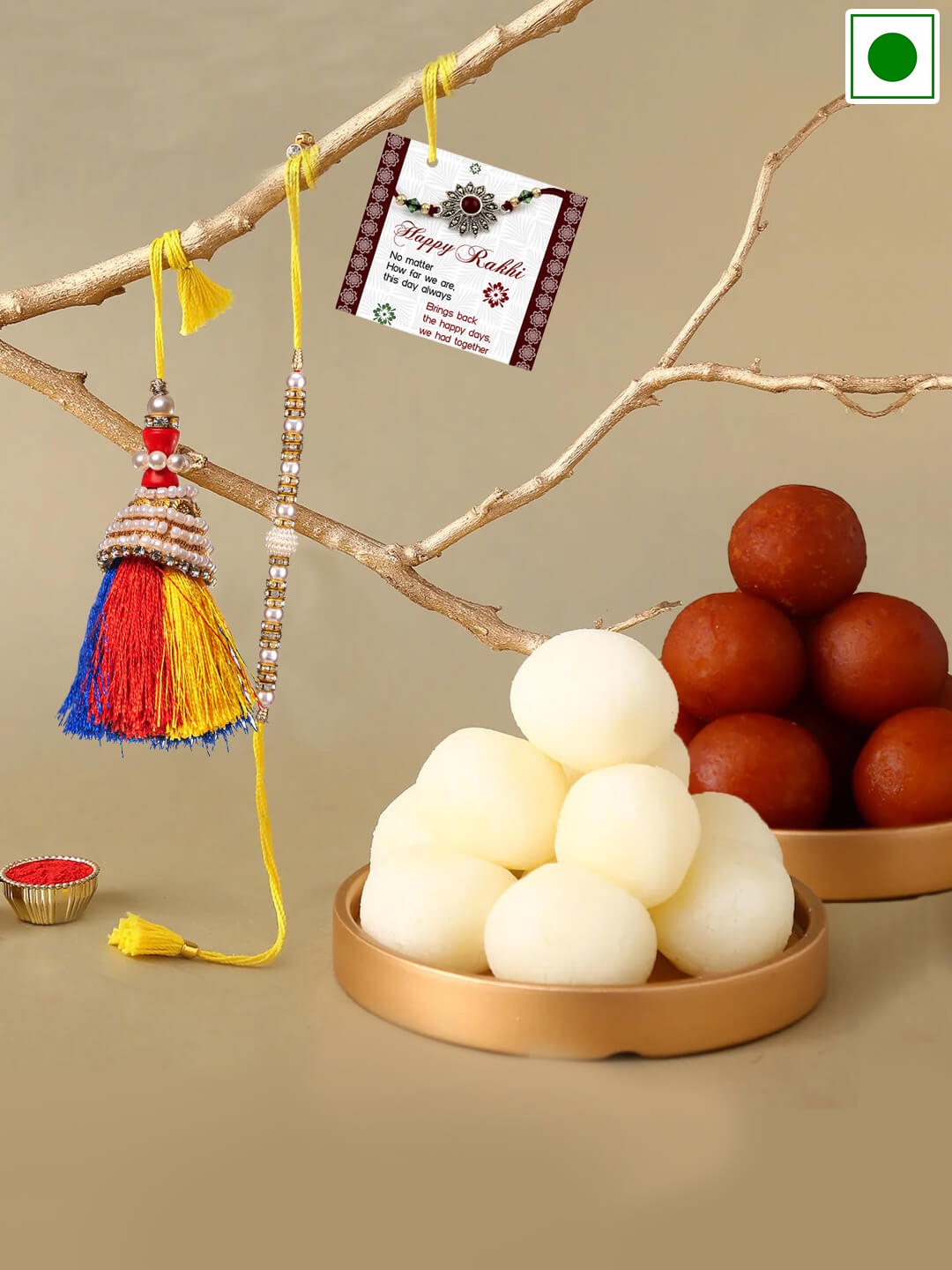 

TIED RIBBONS Rasgulla And Gulab Jamun With 2 Rakhis-500gms Each, Gold