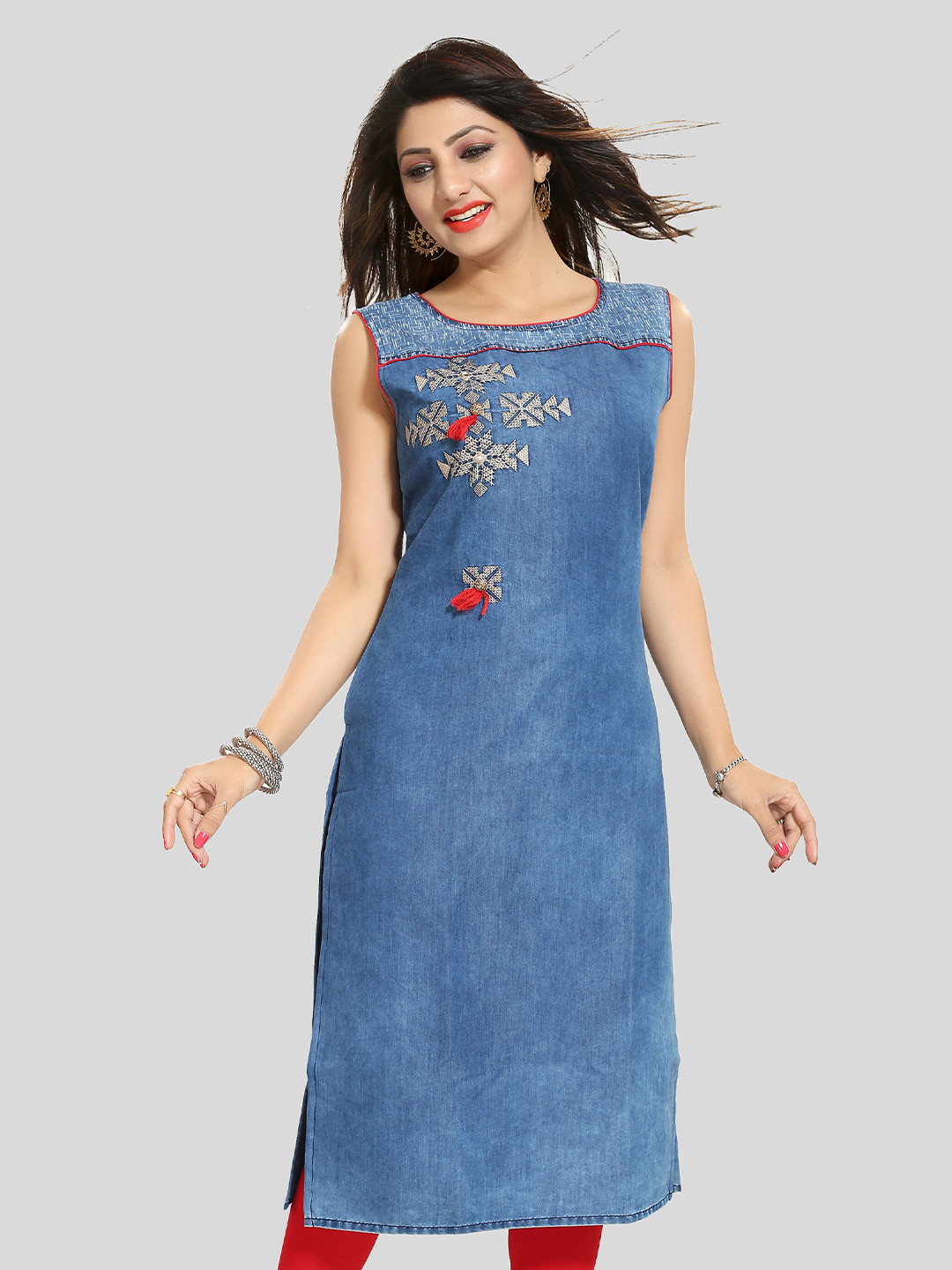 

keshubaba Geometric Embroidered Sleeveless Denim Kurta, Blue