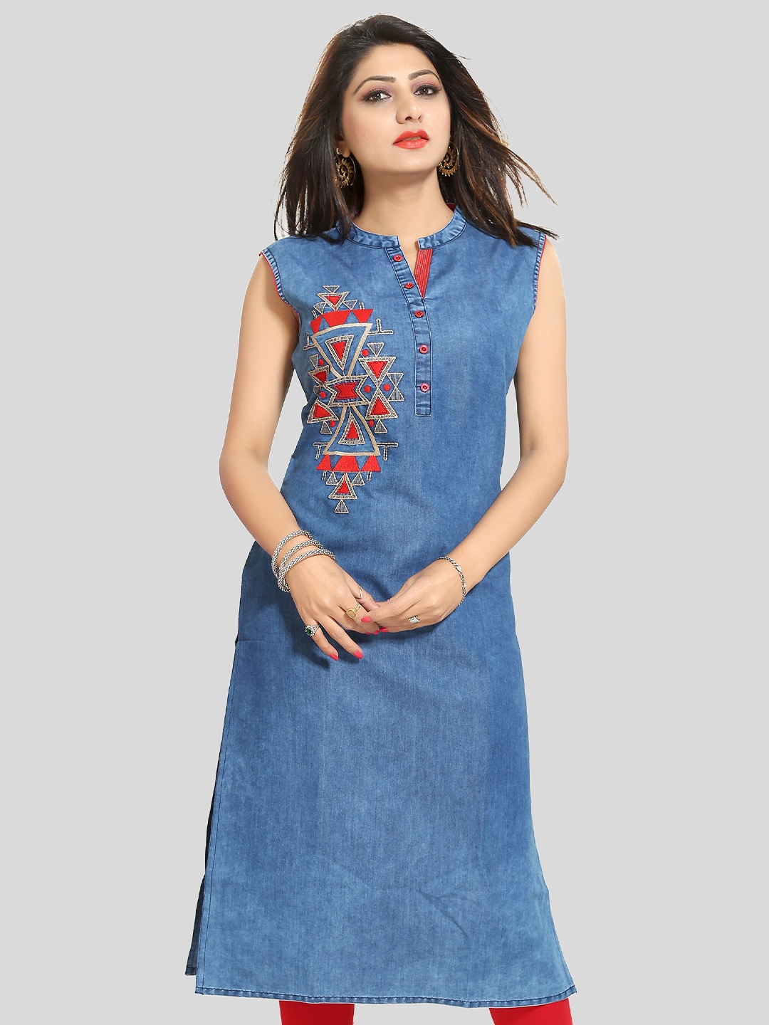 

keshubaba Mandarin Collar Denim Straight Kurta, Blue