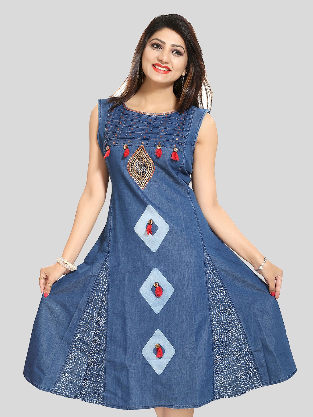 keshubaba Geometric Printed Embellished A-Line Dress, Blue