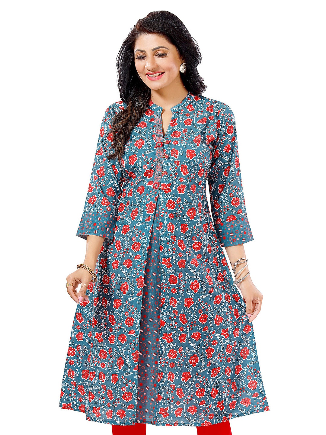 keshubaba Floral Printed A-Line Kurta, Teal