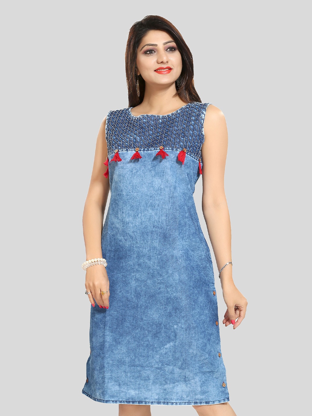 

keshubaba Round Neck Sleeveless Denim A Line Dress, Blue