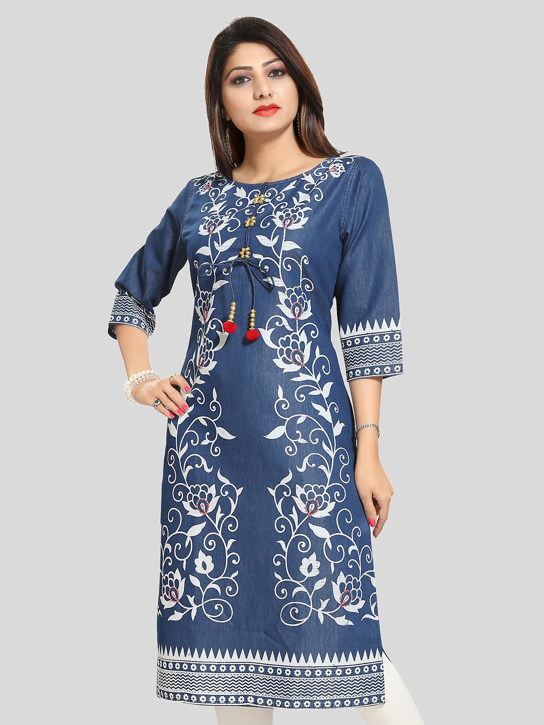 

keshubaba Floral Printed Straight Denim Kurta, Blue