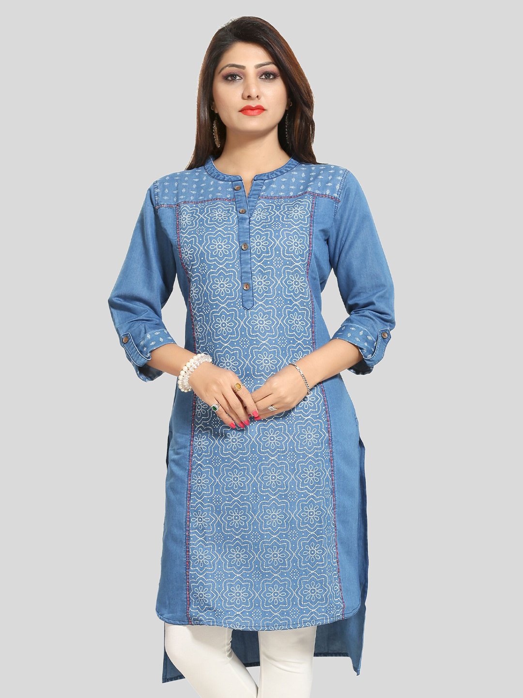 

keshubaba Floral Printed Mandarin Collar Roll-Up Sleeves Denim Kurta, Blue