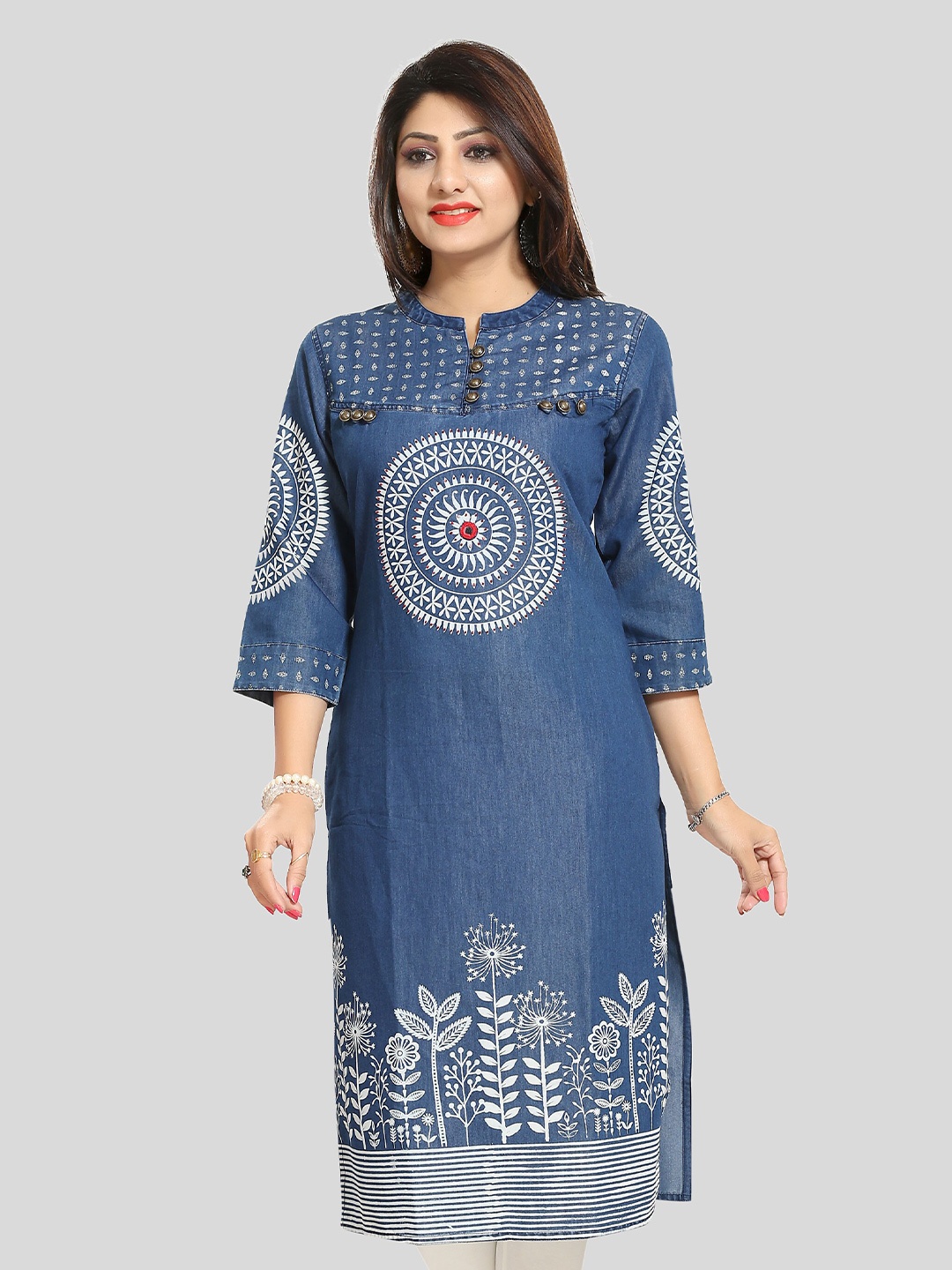 

keshubaba Floral Printed Mandarin Collar Thread Work Detail Denim Kurta, Blue
