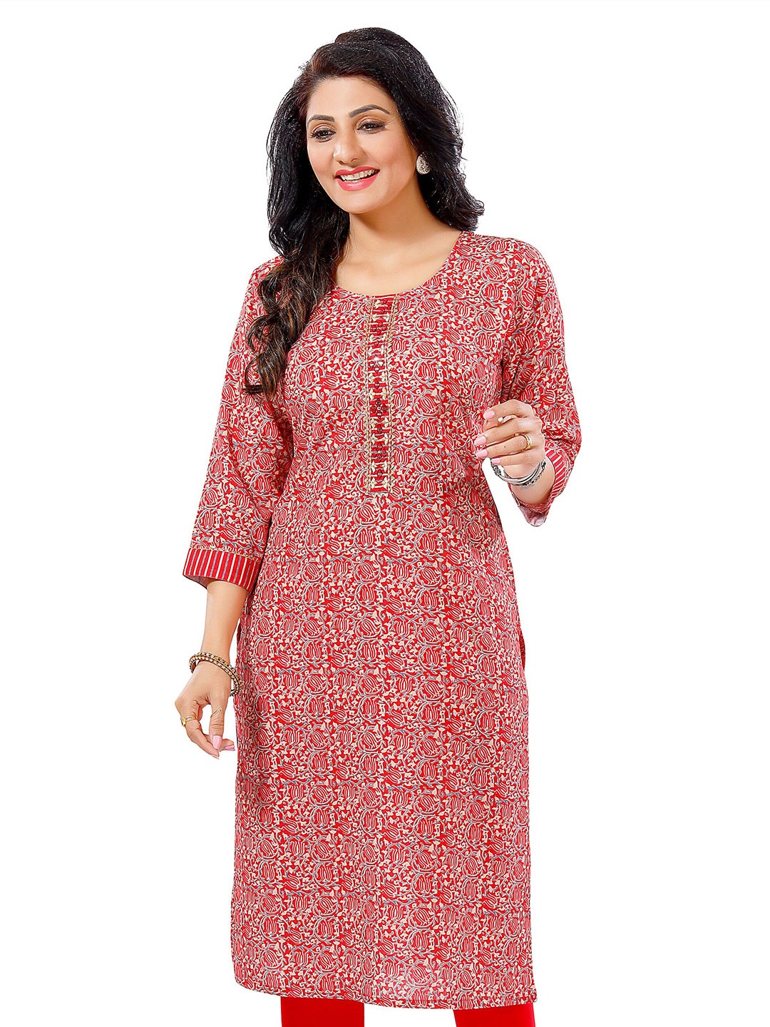 keshubaba Floral Printed Straight Kurta, Red