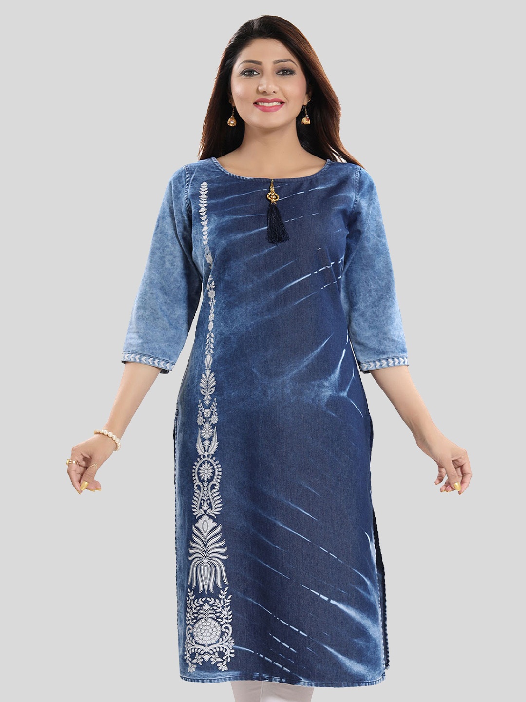 

keshubaba Round Neck Denim Straight Kurta, Blue
