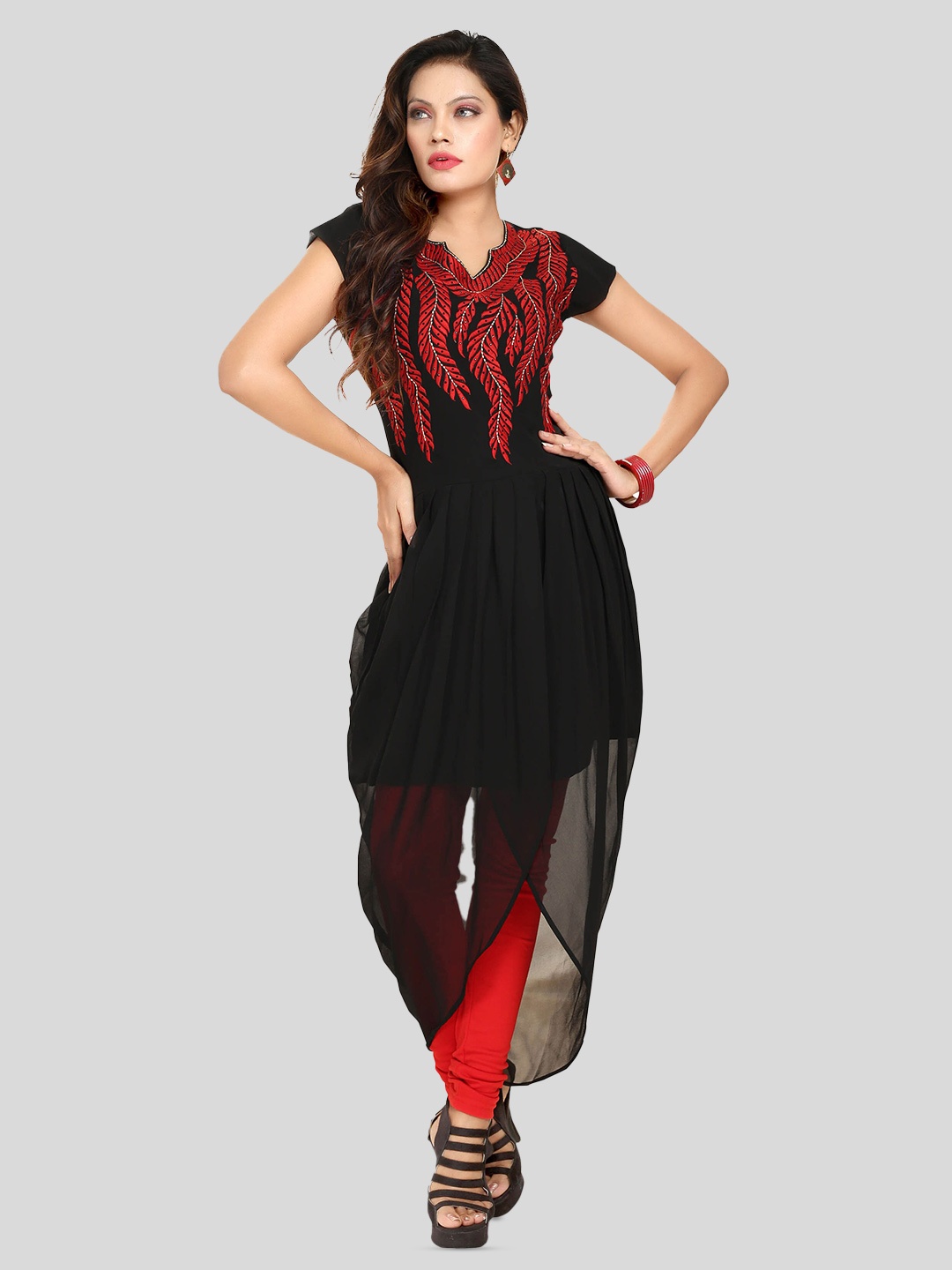 keshubaba Floral Embroidered Thread Work A-Line Kurta, Black